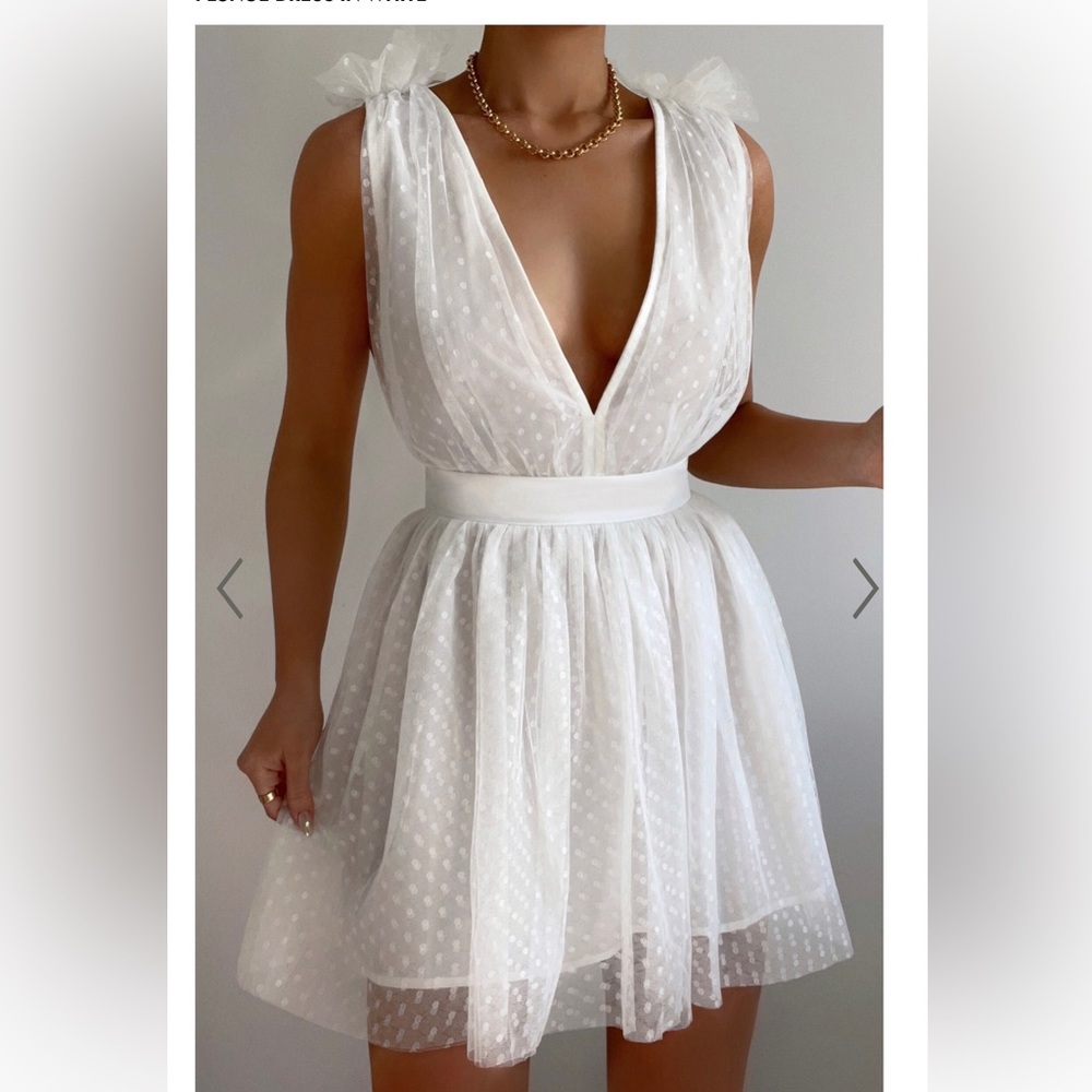 ShowPo Mariabella Mini Dress-Tulle Plunge Dress in white size 14 and 16